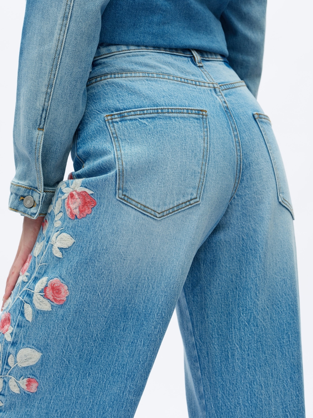 Bayeas Light Blue Barrel Jeans with Pink Rose Embroidery - Picture 10 of 11